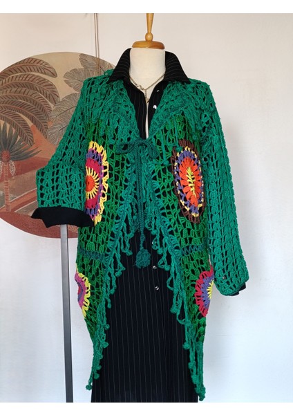 Hippybutik Kadın Yeşil Mandala Desenli El Örgüsü Otantik Tesettür Giyime Uygun Hırka/astarsız Ceket modelleri
