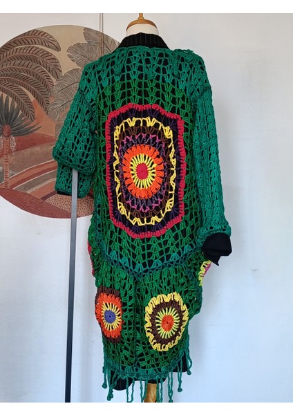 Hippybutik Kadın Yeşil Mandala Desenli El Örgüsü Otantik Tesettür Giyime Uygun Hırka/astarsız Ceket indirimleri