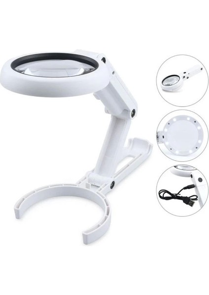 USB Şarj Edilebilir Katlanabilir 3.5-10 x Büyüteç 8 Ledli Masa ve Eliçin Taşınabilir Büyüteç FS90RC