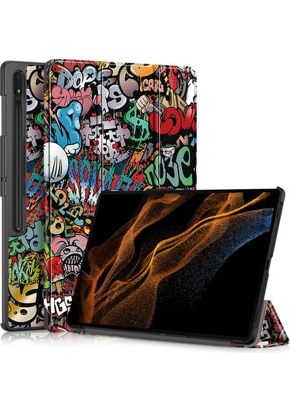 Deri Samsung Galaxy Tab S9 Ultra SM X910 X916B SM X918 Üç Katlı Stand Graffiti Tablet Kılıfı (Yurt Dışından)