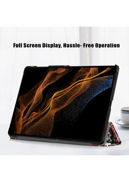 Deri Samsung Galaxy Tab S9 Ultra SM X910 X916B SM X918 Üç Katlı Stand Graffiti Tablet Kılıfı (Yurt Dışından)