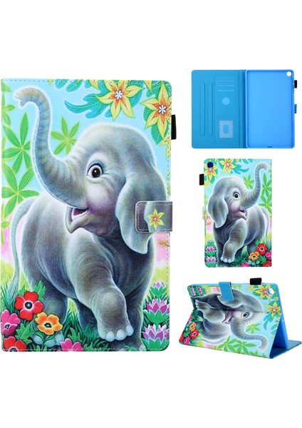 Desen Baskı Deri Kart Tutucu Samsung Galaxy Tab A 10.1 (2019) T510 T515 ELEPHANT Tablet Kılıfı (Yurt Dışından)