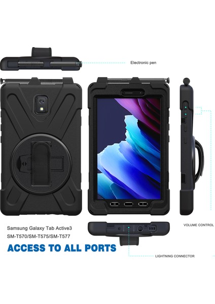 Samsung Galaxy Tab Active 3 Pc Silikon Kalem Yuvası El BANDI 360°DÖNEBILEN T570 T575 T575N T577 SIYAH Tablet Kılıfı (Yurt Dışından)