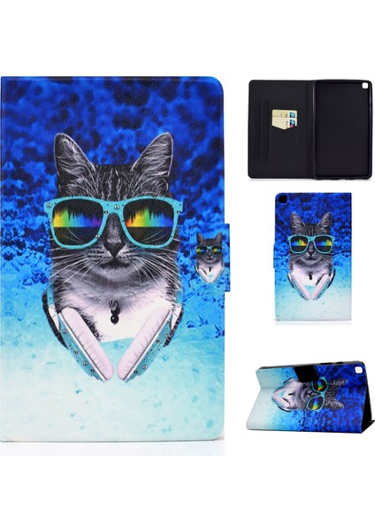 Samsung Galaxy Tab A7 10.4 (2020 2022) T500 CAT Gözlük Takan Desen Baskı Deri Standı Tablet Kılıfı (Yurt Dışından)