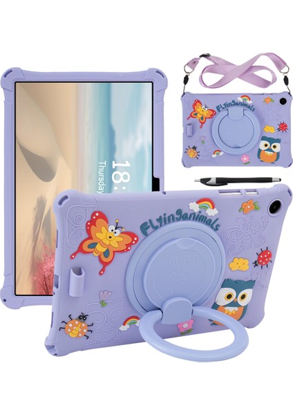 Samsung Galaxy Tab A9 Dönebilen Tekme Standı Sevimli Karikatür Silikon Kordon Tablet Kılıfı (Yurt Dışından)