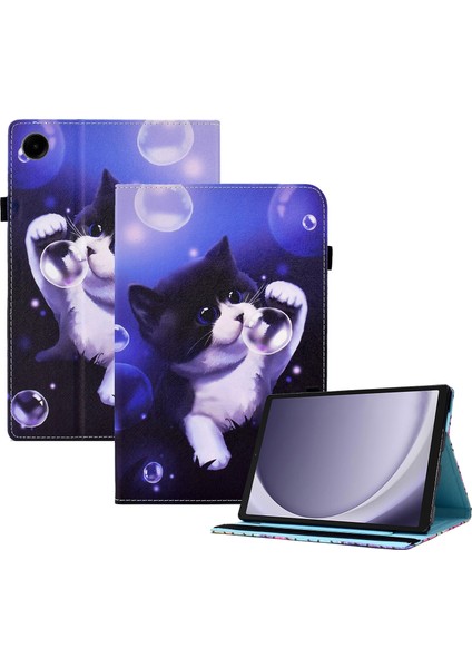 Samsung Galaxy Tab A9 Pu Deri Elastik Bant Desen Baskı Kacık Kedi Tablet Kılıfı (Yurt Dışından)
