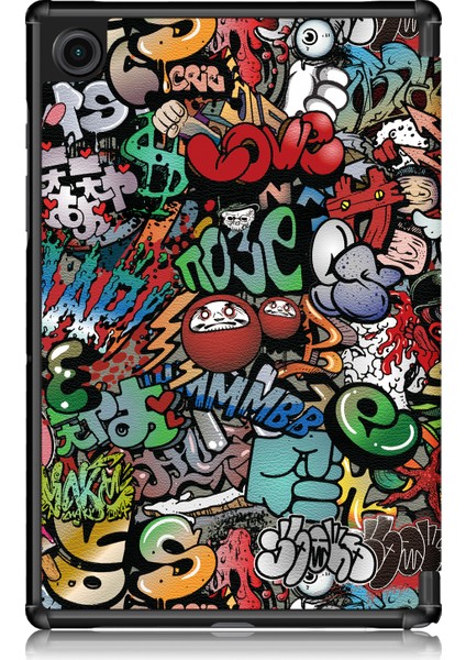 Desen Baskı Üç Katlı Stand Sert Pc Yumuşak Pu Deri Koruyucu Samsung Galaxy Tab A7 Lite 8.7 Inç SM T220 (Wi Fi) Graffiti Tablet Kılıfı (Yurt Dışından)