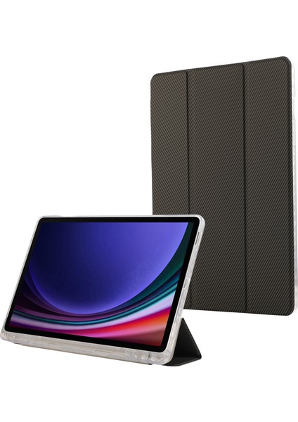 Samsung Galaxy Tab S9 s9 Fe Üç Katlı Stand Akıllı Otomatik uyandırma Deri Karbon Fiber Doku Tablet Kılıfı (Yurt Dışından)