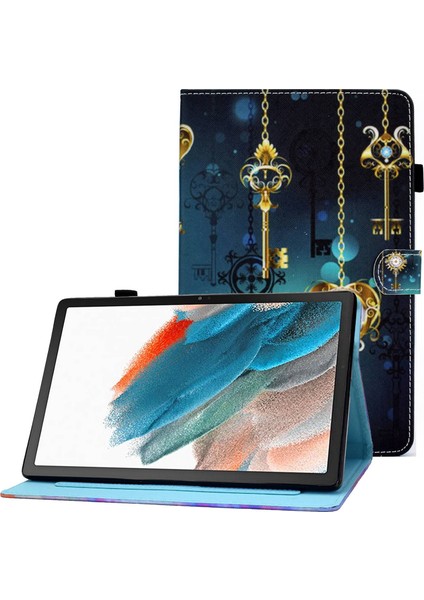 Samsung Galaxy Tab A8 10.5 (2021 2022) Baskı Pu Deri Çift Taraflı Manyetik Standı Dikiş Kart Yuvaları Kalem Tutucu Tablet Kılıfı (Yurt Dışından)