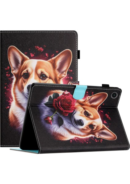 Samsung Galaxy Tab A9 Pu Deri Folio Standı Desen Kart Yuvaları Corgi Tablet Kılıfı (Yurt Dışından)