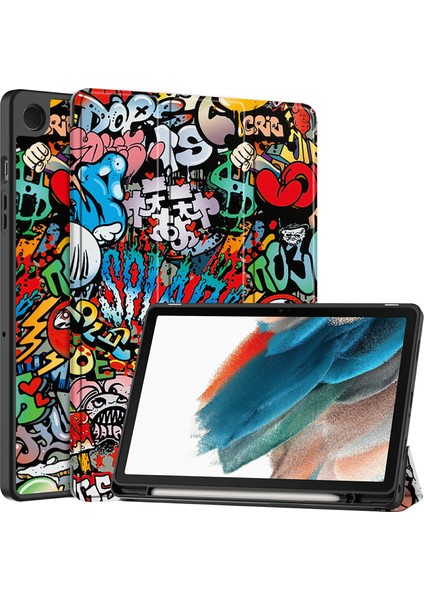 Samsung Galaxy Tab A9 Desen Baskı Pu Deri Üç Katlı Stand Kalem Yuvası Grafiti Tablet Kılıfı (Yurt Dışından)