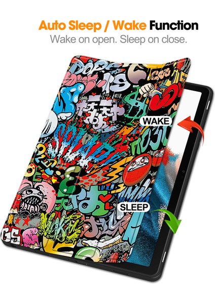 Samsung Galaxy Tab A9 Desen Baskı Pu Deri Üç Katlı Stand Kalem Yuvası Grafiti Tablet Kılıfı (Yurt Dışından) modelleri