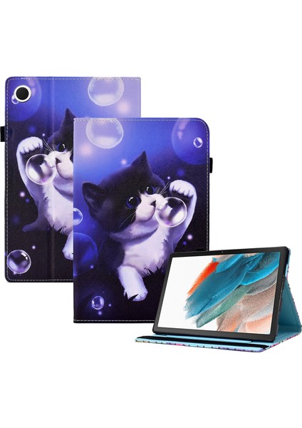 Samsung Galaxy Tab A8 10.5 (2021 2022) Çizilmez Standı Desen Baskı Deri Elastik Bantlı Kacık Kedi Tablet Kılıfı (Yurt Dışından)