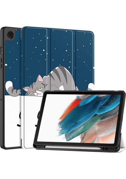 Samsung Galaxy Tab A9 Desen Baskı Pu Deri Üç Katlı Stand Kalem Yuvası Cat Tablet Kılıfı (Yurt Dışından)