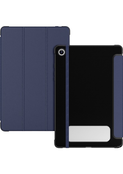 Samsung Galaxy Tab A9 Üç Katlı Stand Karbon Fiber Doku Tpu Deri Lacivert Tablet Kılıfı (Yurt Dışından)