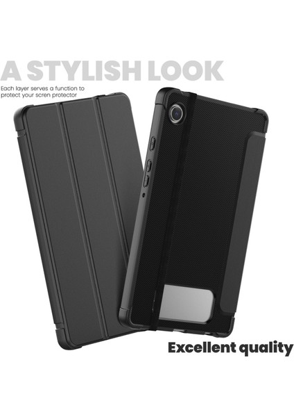 Samsung Galaxy Tab A9 Üç Katlı Stand Karbon Fiber Doku Tpu Deri Lacivert Tablet Kılıfı (Yurt Dışından)