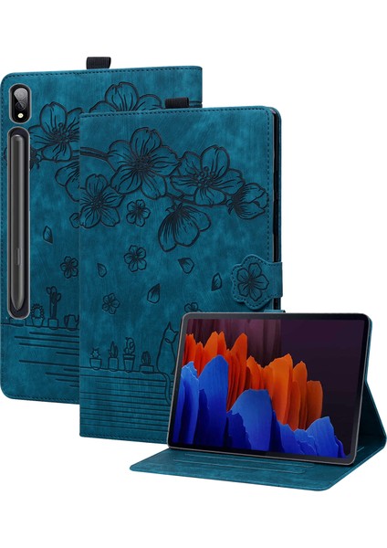 Samsung Galaxy Tab S9 Pu Deri Kart Tutucu Çiçek Kedi Baskılı Standı Safir Tablet Kılıfı (Yurt Dışından)