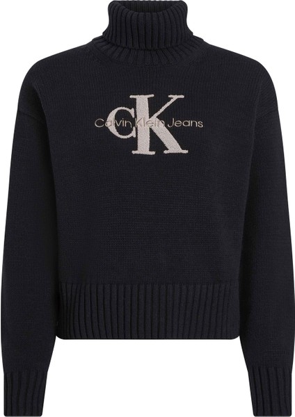 Balıkçı Yaka Standart Nakışlı Siyah Kazak Kadın Chenılle Monologo Sweater