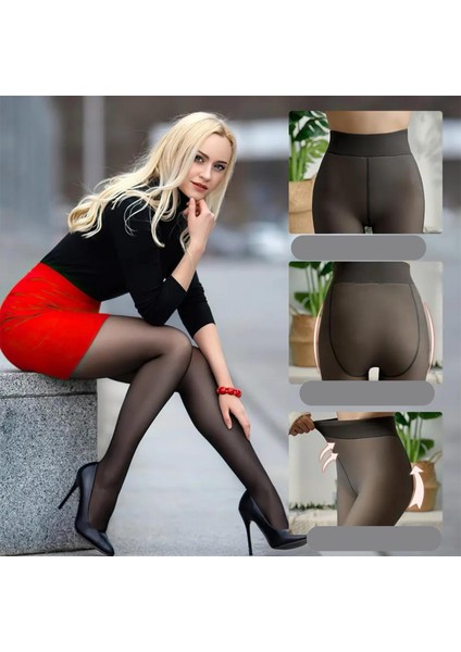 Ithal Içi Peluş Dışı Siyah Ince Çorap Görünümlü Termal Peluş Külotlu Çorap