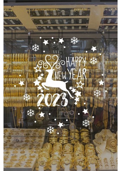 Happy New Year Geyik ve 2023 Yılbaşı Süslemeleri Yeni Yıl Vitrin,cam,duvar Sticker