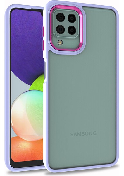 noktaks - Samsung Galaxy A22 4G - Kılıf Arkası Şeffaf Kamera Çevresi Parlak Zıt Renkli Flora Kapak - Lila - T22337