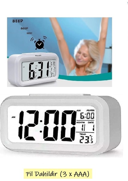Dijital Masa Saati Alarmlı LED Ekran Çalar Derece Fotoselli Takvimli (Piller Dahildir)