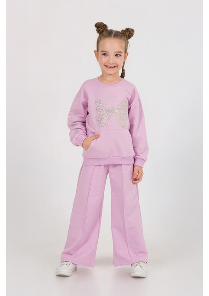 Pullu Kelebek Desenli Sweatshirt Ve Bol Paça Kız Çocuk Eşofman Takımı - Lila