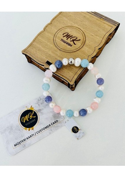 Gerçek Inci -Gerçek Mavi,pembe, Mor Kuvars Bileklik | Mktasarım Kutusunda | Mktasarım Müşteri Kartlı modelleri