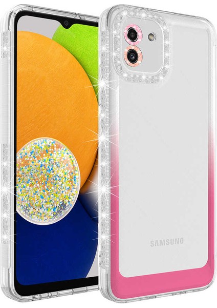 - Samsung Galaxy A03 - Kılıf Simli ve Renk Geçiş Tasarımlı Lens Korumalı Park Kapak - Beyaz-Pembe