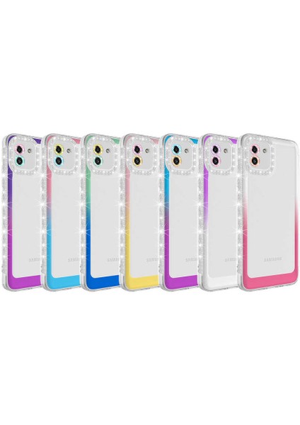 - Samsung Galaxy A03 - Kılıf Simli ve Renk Geçiş Tasarımlı Lens Korumalı Park Kapak - Beyaz-Pembe