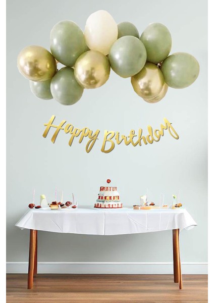 Küf Yeşili Deniz Kumu Krom Gold Konsept Renkler Doğum Günü Balon Zinciri Happy Birthday Bannerlı Mini Balon Zinciri Seti