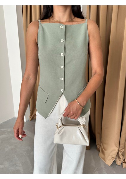 Çağla %100 Pamuk Ince Askılı Cep ve Düğme Detaylı Yelek