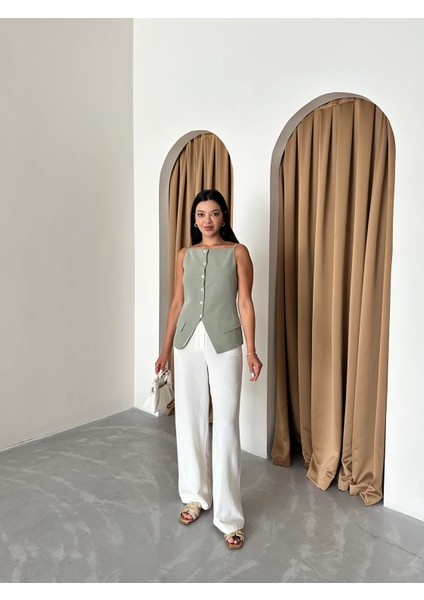Çağla %100 Pamuk Ince Askılı Cep ve Düğme Detaylı Yelek fiyatları