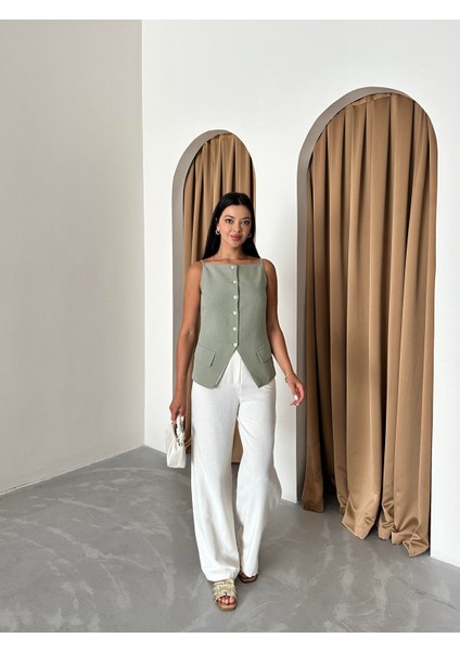 Çağla %100 Pamuk Ince Askılı Cep ve Düğme Detaylı Yelek modelleri