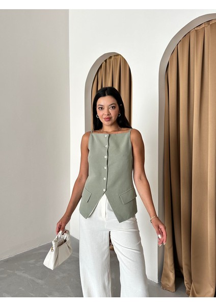 Çağla %100 Pamuk Ince Askılı Cep ve Düğme Detaylı Yelek fırsatları