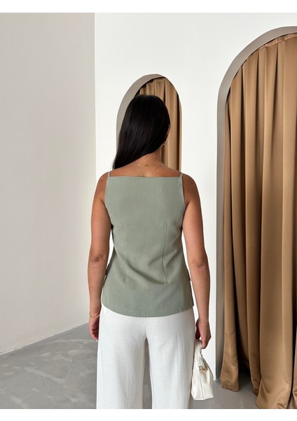 Çağla %100 Pamuk Ince Askılı Cep ve Düğme Detaylı Yelek indirimleri