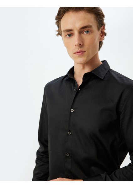 Slim Fit Gömlek Uzun Kollu Yarım Italyan Yaka Pamuklu