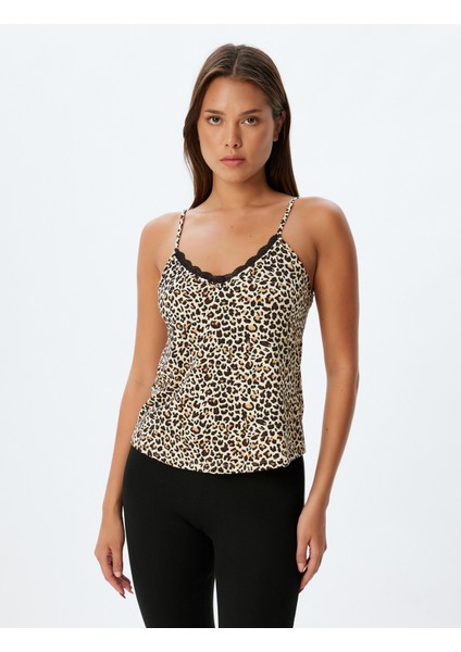 Leoparlı Askılı Pijama Üstü V Yaka Dantel Detaylı modelleri