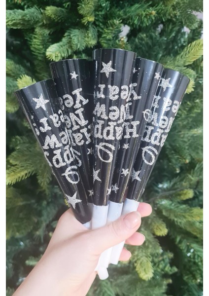 Yılbaşı Düdükleri Gümüş Lüks Happy New Year Yazılı Gümüş Simli Uzun Yüksek Sesli Vuvuzela 6'lı