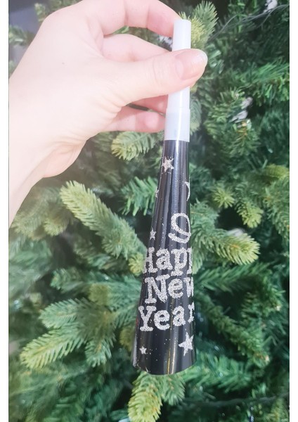 Yılbaşı Düdükleri Gümüş Lüks Happy New Year Yazılı Gümüş Simli Uzun Yüksek Sesli Vuvuzela 6'lı