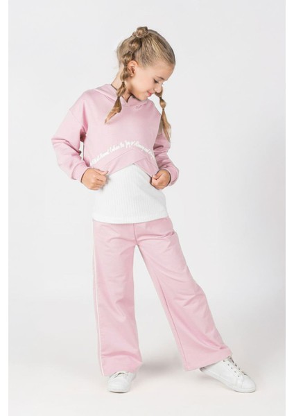 Yazı Baskılı Crop Sweatshirt ve Bol Paça Kız Çocuk Eşofman Takımı - Pembe