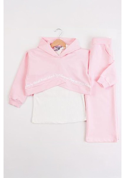 Yazı Baskılı Crop Sweatshirt ve Bol Paça Kız Çocuk Eşofman Takımı - Pembe