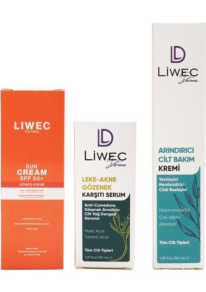 3'lü Set - Arındırıcı Cilt Bakım Krem - Leke Akne Karşıtı Serum - Güneş Kremi Spf 50