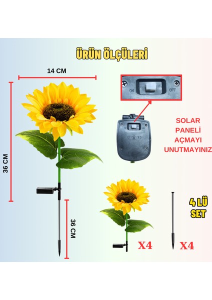 Solar Güneş Enerjili Ayçiçeği Günebakan Aplik LED Lamba Bahçe Veranda Merdivenlerinizde Şık Peyzaj Aydınlatması 4 Lü Set