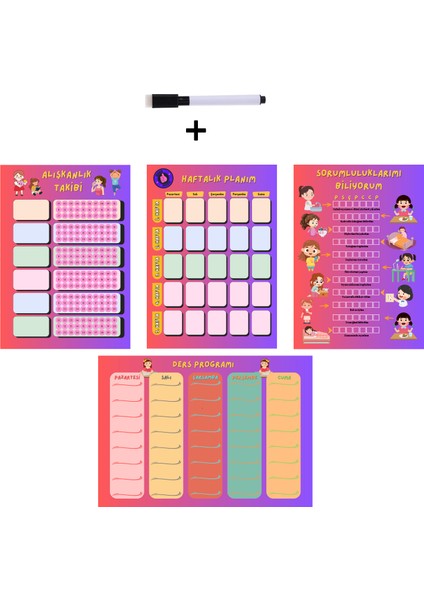 Çocuklar Için Planlayıcı Set - Pembe (Alışkanlık Takibi, Haftalık Planlayıcı, Sorumluluk Takibi, Ders Programı)