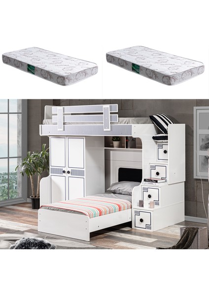 Çizgi Ranza Karyola 2 Kapaklı Dolap + 2 Adet Comfort Yatak