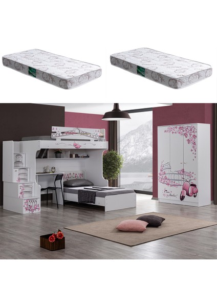 Pisa Ranza Karyola Çalışma Masası 3 Kapaklı Dolap + 2 Adet Comfort Yatak