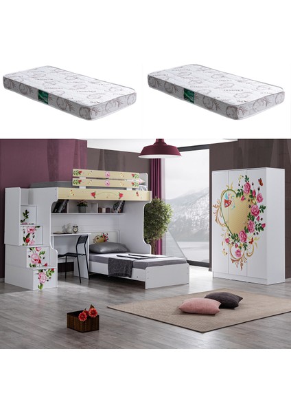 Mira Ranza Karyola Çalışma Masası 3 Kapaklı Dolap + 2 Adet Comfort Yatak
