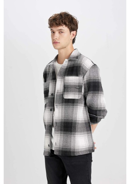 Siyah Relax Fit Polo Yaka Kareli Oduncu Flanel Uzun Kollu Gömlek Ceket D4281AX24AU