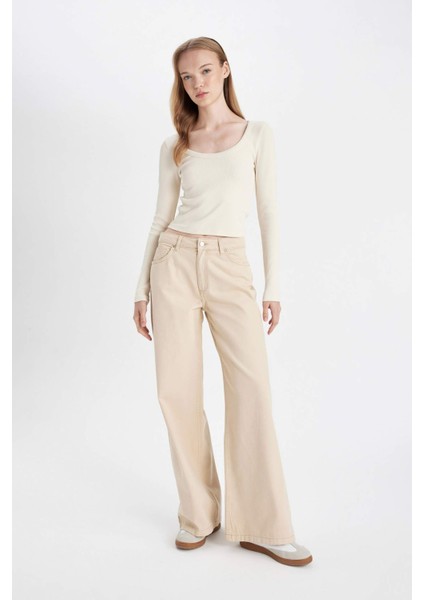 Gabardin Bej Pantolon Wide Leg Geniş Bol Paça Normal Bel Basic Düz D3766AX24AU
